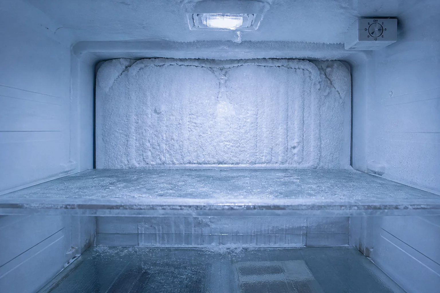 Frost buildup inside a malfunctioning refrigerator