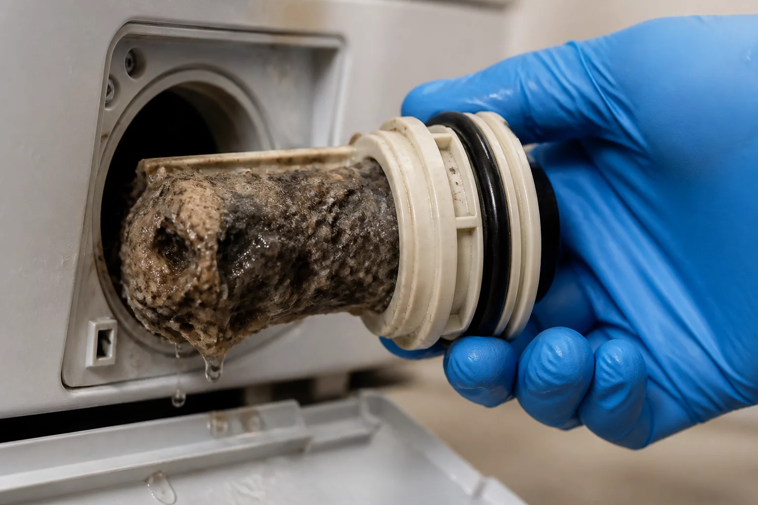 Clogged washing machine drain pump filter